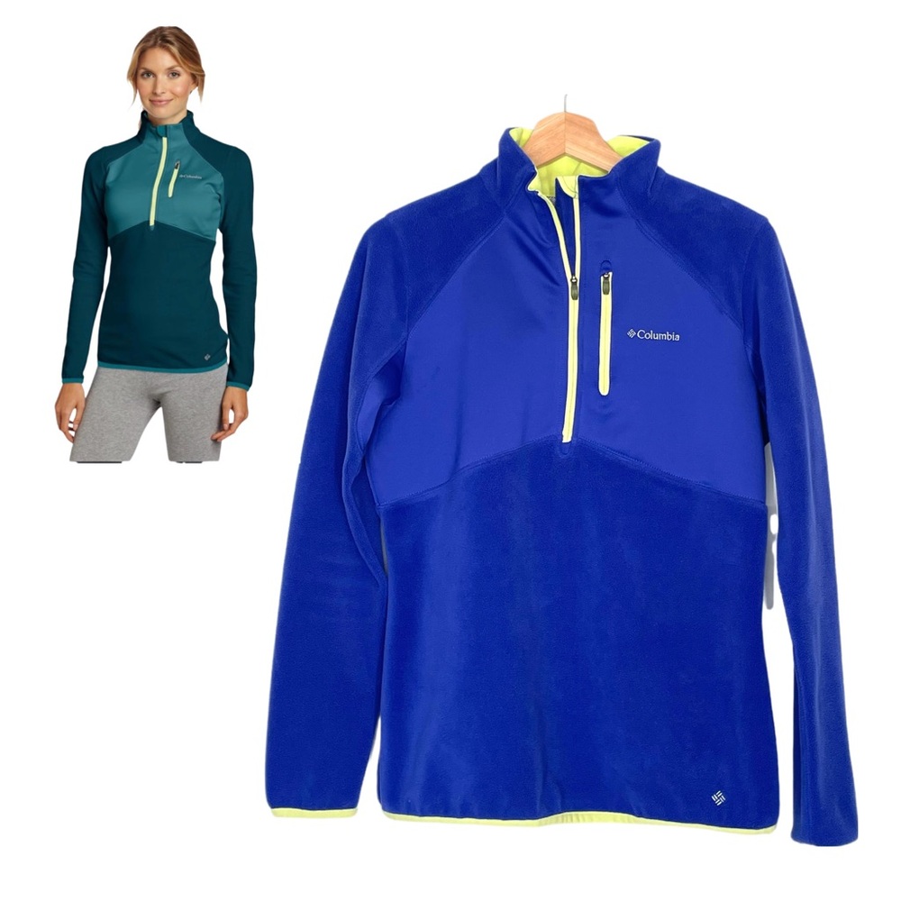 Columbia Sportswear Quarter-Zip Fleece Jacket Blue Neon Yellow Large Omni-Heat